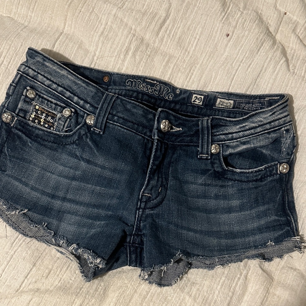 Miss Me Dark Blue Jean Shorts with Embellishments